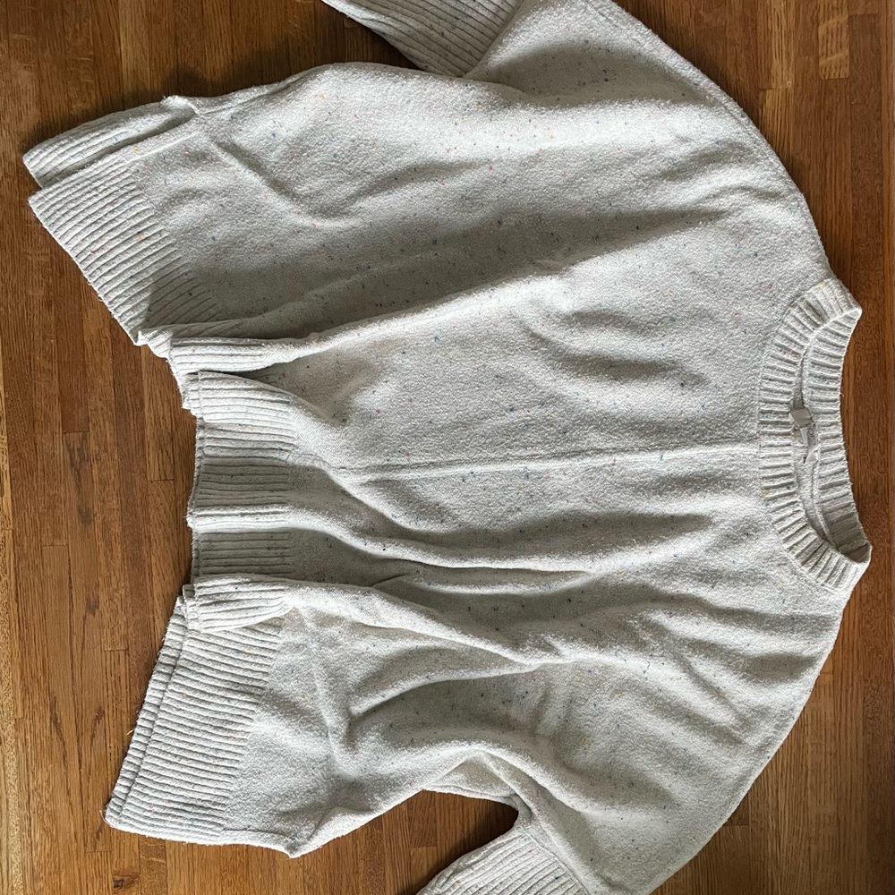 LOFT White Crew Neck Sweater with Ribbed Details